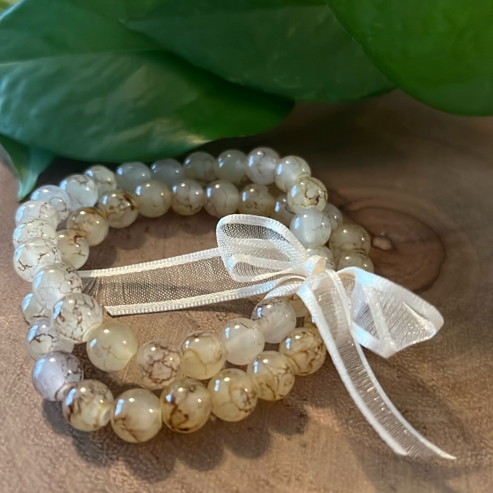 Set of 2 neutral color handmade stretch glass bead  bracelets